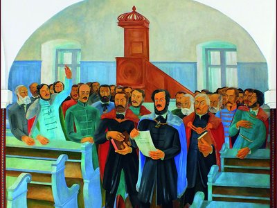 03. A trónfosztás az Oratóriumban (Gáborjáni Szabó Kálmán falfestménye, 1938)