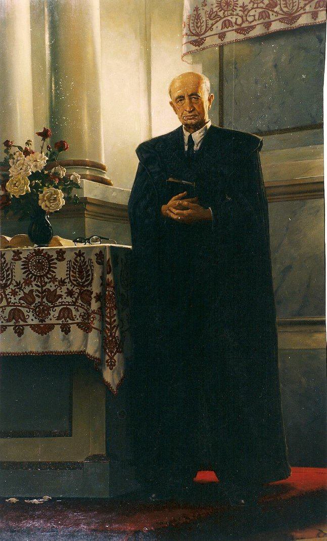 Gulyás László: Ravasz László püspök egész alakos portréja (250x150cm) a Budapesti Református Kollégium díszterme 1995