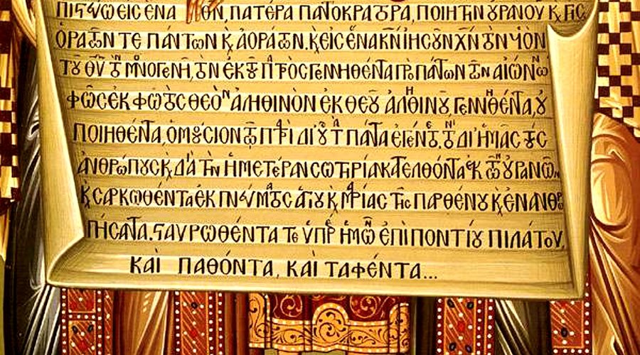 Ókeresztény ikon. Középen Nagy Konstantin császár. aki a "Symbolum Nicaeno-Constantinopolitanum", az első nikaiai zsinaton elfogadott keresztény Nikaia–konstantinápolyi hitvallás közösen elfogadott szövegének részletét tartja az egyházatyákkal