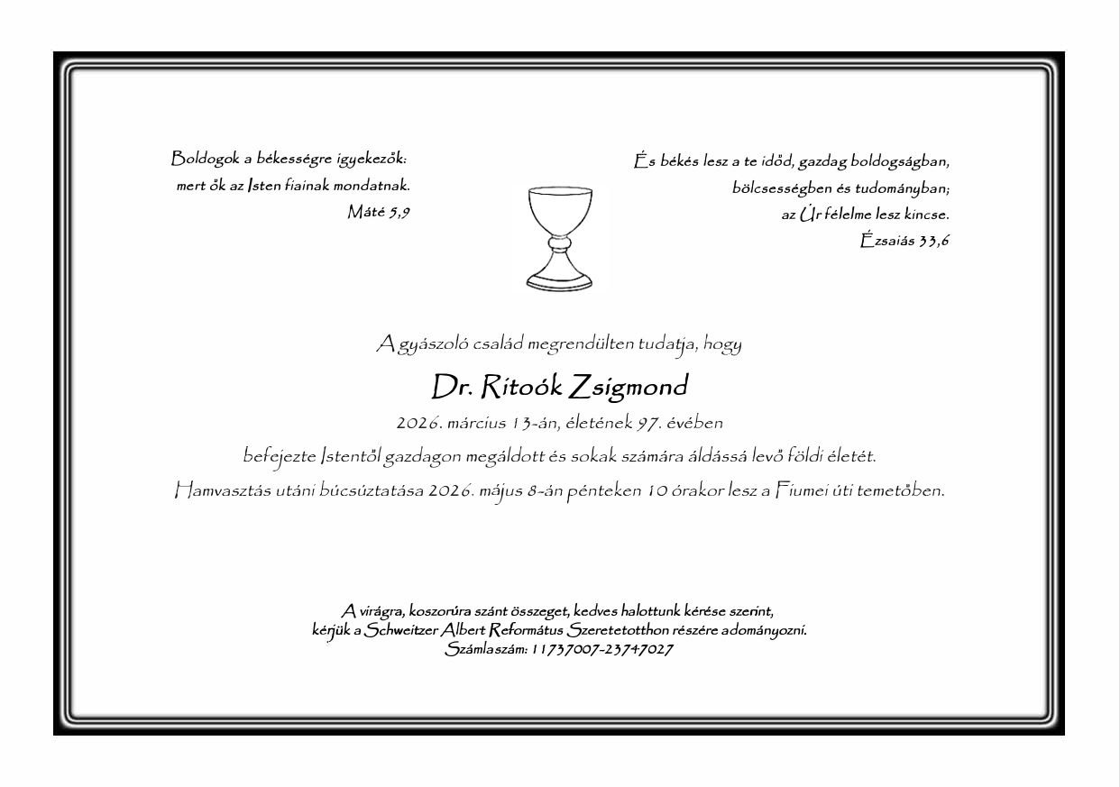 gyászjelentés Ritoók Zsigmond 2026